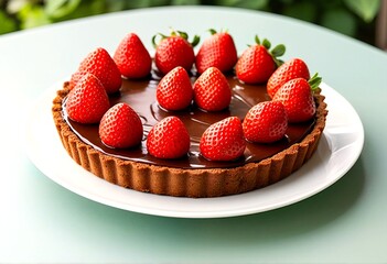 A chocolate tart with strawberries on top.