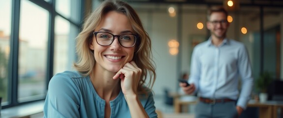 In a stylish café filled with warm lighting, a cheerful woman with glasses rests her chin on her hand, exuding confidence and joy. Behind her, a casually dressed man holds a smartphone, adding a