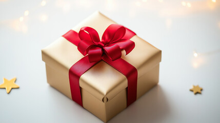 Obraz premium Golden Gift Box with Red Ribbon, Symbolizing Elegance and Celebration