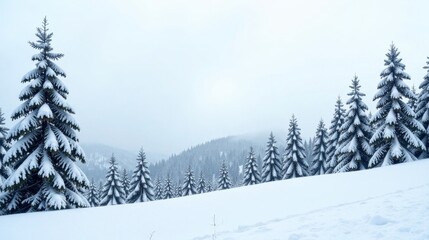 Fototapeta premium Serene Winter Landscape Snow-Covered Evergreen Trees on a Hillside in a Misty Atmosphere