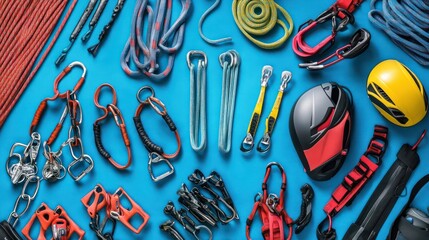 Climbing Gear Collection on Blue Background