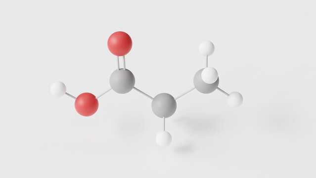 propionic acid molecule 3d, molecular structure, ball and stick model, structural chemical formula e280