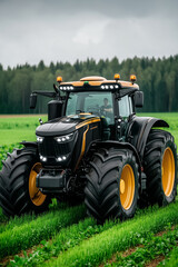 Obraz premium A powerful modern tractor navigates through vibrant green fields, showcasing agricultural technology at work amidst tranquil forest surroundings on a cloudy day