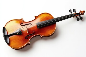 Fototapeta premium Elegant wooden violin resting on a white surface, showcasing its rich color and craftsmanship isolated on transparent background