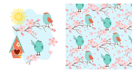 Colorful illustration featuring cartoon birds sitting on a flowering tree branch. Vector seamless pattern, for fabric, wrapping paper, invitations