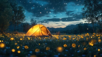 Generative AI illustration of camping tent with placed on green meadow in evening in nature with lights all around