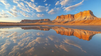Perfect reflection of the detailed ridges of badlands in still water creating a symmetrical visual illusion of this rugged landscape under a cloud-speckled sky