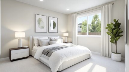 Fototapeta premium A bright, modern bedroom with simple white walls, nice lamps, and comfy bedding. It's a design template. 