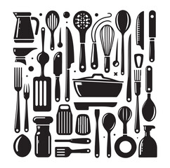 kitchen utensils set icon black silhouette vector on white background.