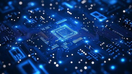 Obraz premium Glowing CPU, Circuit Board, Tech, Data, Background