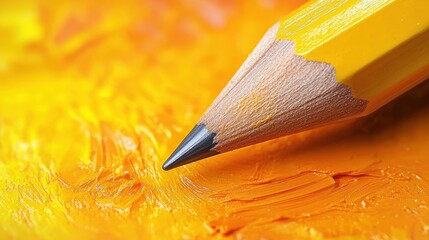 A vibrant yellow pencil, poised mid-creation, rests on a dynamic backdrop of orange and yellow, its presence adding a touch of artistic flair and anticipation to the composition.