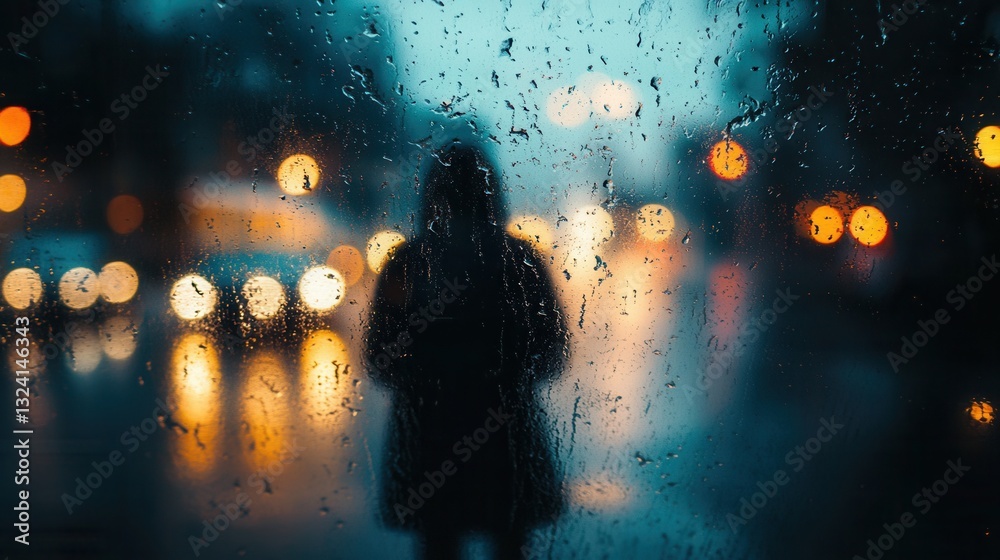 Aufkleber melancholic evening with raindrops on window and a lonely figure in the distance
