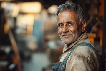 Fototapeta premium Portrait of a weathered, older man, possibly a craftsman or worker, looking thoughtfully towards