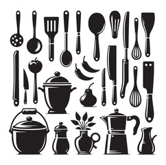 kitchen utensils set icon black silhouette vector on white background.