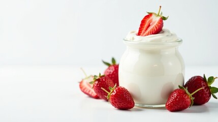 Creamy yogurt in a glass jar, topped with a fresh strawberry slice, accompanied by several ripe strawberries on a white background.