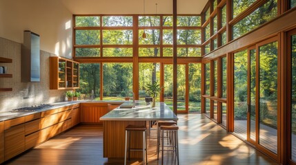 A bright modern kitchen with a sleek island, natural wood finishes, and floor-to-ceiling windows framing a peaceful woodland scene.