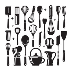 kitchen utensils set icon black silhouette vector on white background.