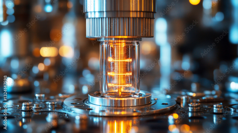Poster a sophisticated quantum computing apparatus features a glass vacuum chamber showcasing qubits highli