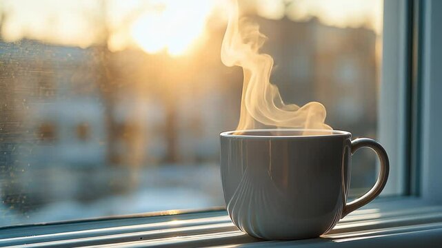 A steaming cup of coffee placed on a windowsill with golden morning sunlight filtering through the glass. Warmth, relaxation and the start of a new day in the morning