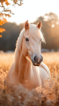 Golden Hour Grace: A Portrait of a Palomino Horse in a Sun-Kissed Meadow, Capturing the Serenity and Majesty of Equine Beauty in a Natural Setting