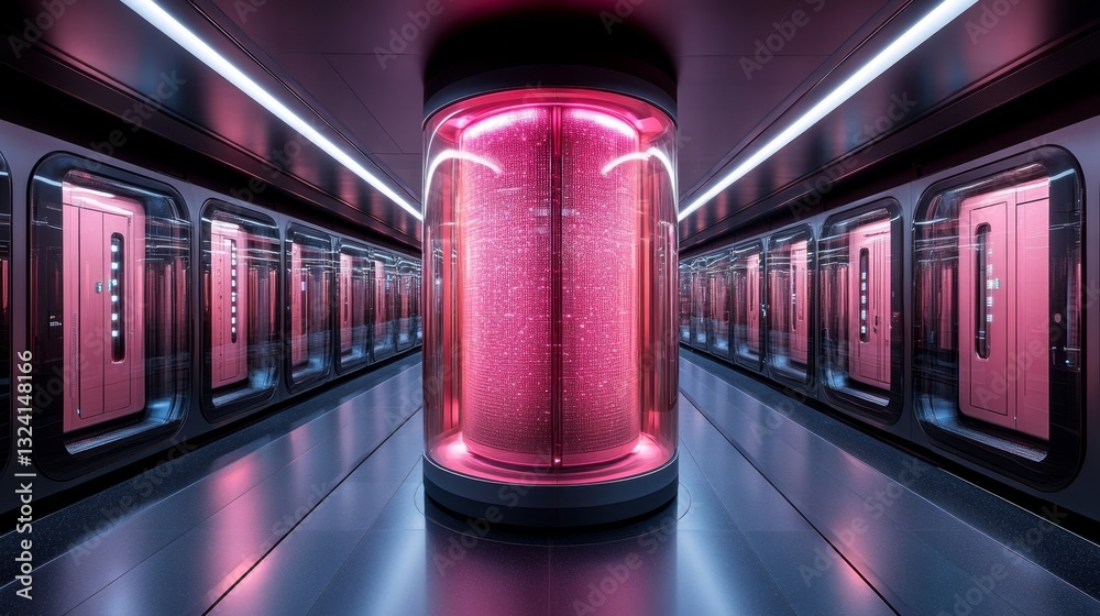Poster A futuristic quantum computing hub showcases a central illuminated cylinder representing qubits.