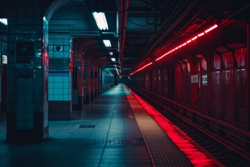 Fototapeta premium Empty Subway Station Platform Metro underground interior with dark light. Neural network ai generated