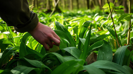 Hand picking wild garlic in a lush green forest.