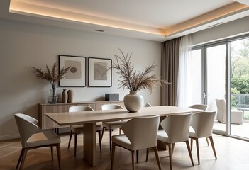 Balanced Transitional Dining Design: Lightwashed Wood Table, Goose Feather Cushions, Soft White Scheme, Elegant Vases, Flat Ceiling in View.

