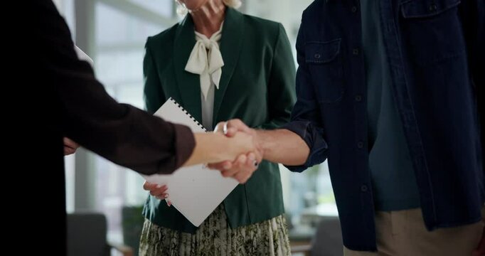Business people, greeting or handshake for office introduction, funding agreement or b2b deal. Recruiter, director or entrepreneur meeting investor for opportunity, partnership or company onboarding