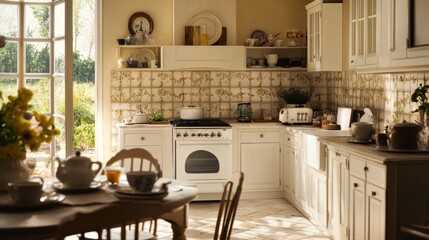 A classic English countryside kitchen with vintage tiles, shaker cabinets, and an antique dining table set for tea.