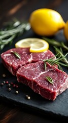 Exquisite Raw Beef Steak with Lemon and Rosemary: A Culinary Masterpiece for Gourmet Recipes, Delicious Meals, and Flavorful Culinary Creations on a Dark Stone Plate