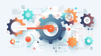 Obraz premium Business Efficiency Infographic. Modern illustration with gears, arrows, and abstract data on a soft gradient background, ideal for corporate presentations. AI generated image.