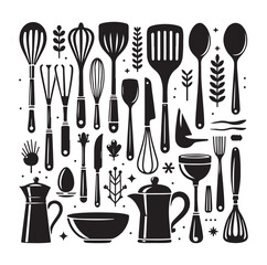 kitchen utensils set icon black silhouette vector on white background.