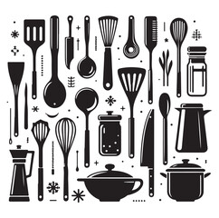 kitchen utensils set icon black silhouette vector on white background.