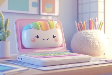 Adorable pastel laptop with a rainbow unicorn design on a desk with stationery.