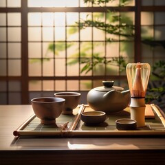 traditional Japanese tea ceremony, with a beautifully arranged tea set, delicate porcelain cups, and a bamboo whisk. The soft lighting and minimalist setting evoke peace, mindfulness, and the elegance