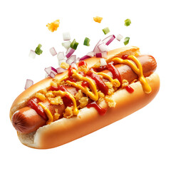 A Cheesy Hot Dog with Mustard Ketchup and Onions Isolated on Transparent Background