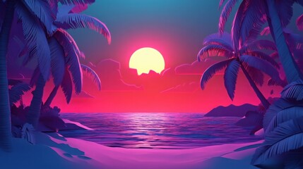 Fototapeta premium A rich magenta sunset over a calm teal ocean layered 3D paper cut palm trees with soft sandy textures tropical paradise in comic art.