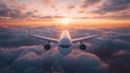 Front view of an airplane above clouds in the sky at sunset