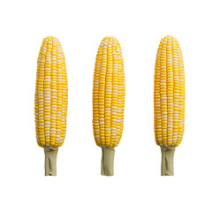 Three yellow and white corn cobs