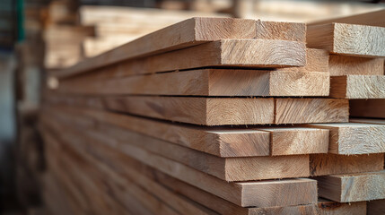 Stack of wooden planks  ready for construction in the warehouse