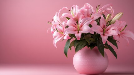 A delicate bouquet of pale pink lilies, their petals unfurled like delicate lace, nestled within a pastel pink pot, bathed in the ethereal glow of a soft pink backdrop, evoking a sense of springtime