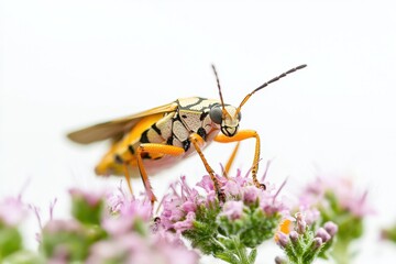 Obraz premium Vibrant Insect on Delicate Pink Flower Petals in Soft Lighting