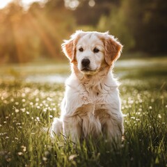 Golden Retriever Puppy in Sunlit Field, Adorable Golden Retriever Outdoor Portrait, Cute Golden Retriever in Nature
