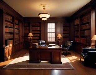 lawyer's office, with dark wood furniture