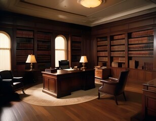 lawyer's office, with dark wood furniture