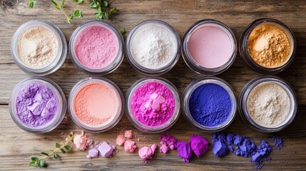 Naklejka premium Vibrant Colorful Powders in Clear Jars on Rustic Wooden Surface