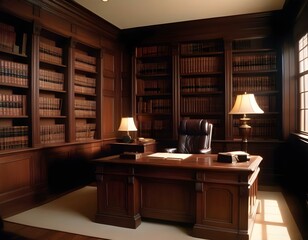 lawyer's office, with dark wood furniture