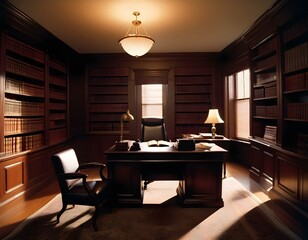 lawyer's office, with dark wood furniture