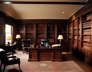 lawyer's office, with dark wood furniture